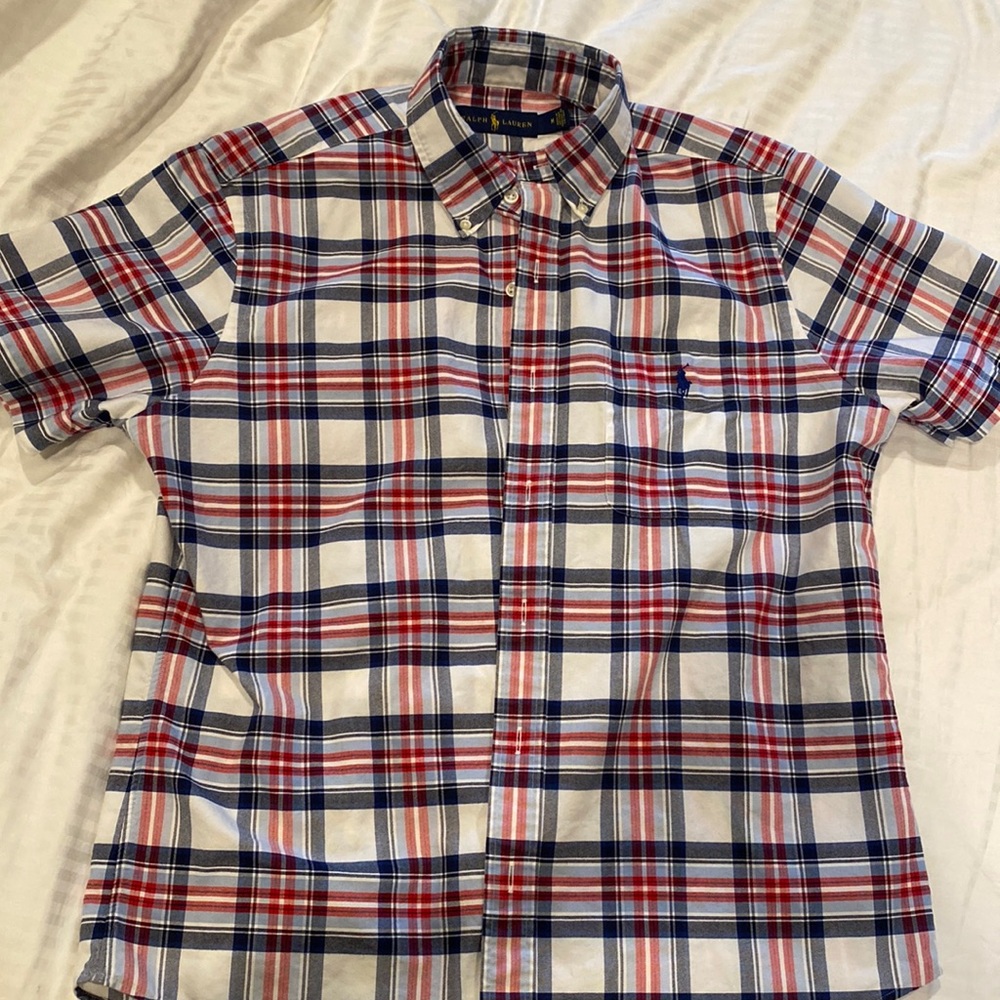 Polo by Ralph Lauren mens short sleeve red white blue Oxford style button down M